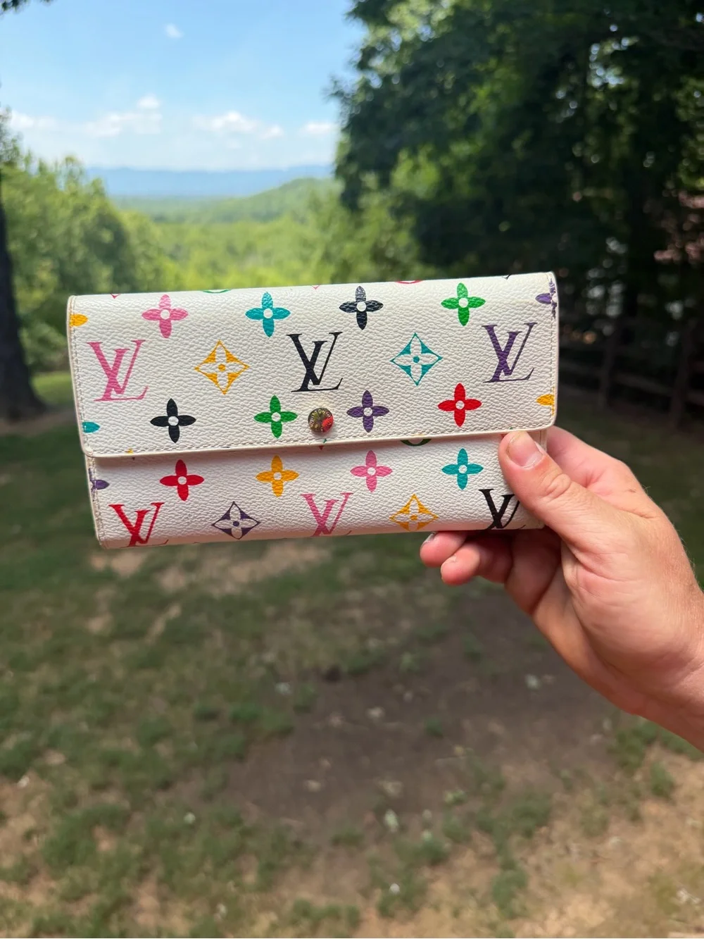 White Multicolor Monogram Satchel with Pom Charm